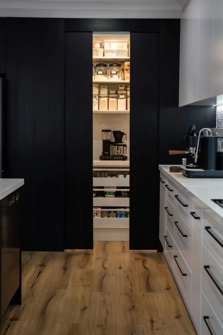 A butler‚Äôs pantry seen through a matte black cavity door