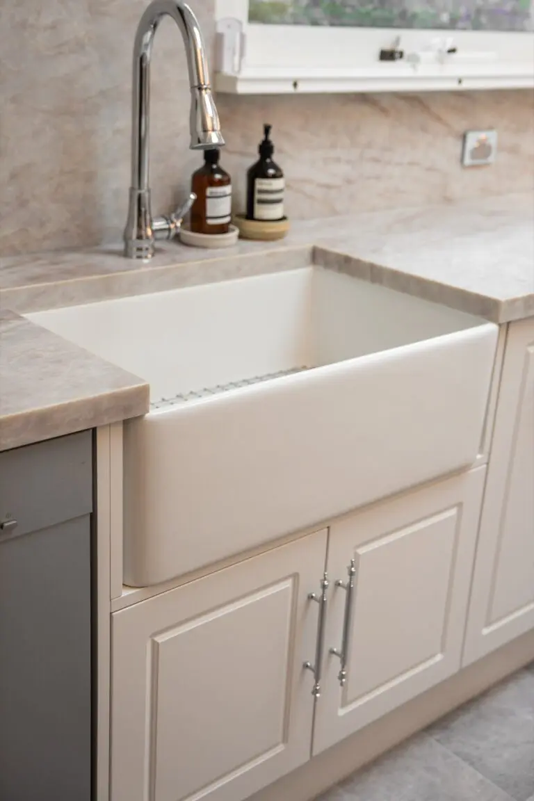 A white farmhouse apron sink set into a marble benchtop
